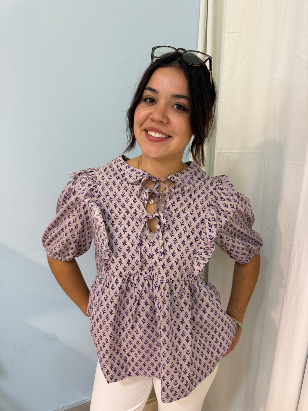 100% cotton ribbon detail top