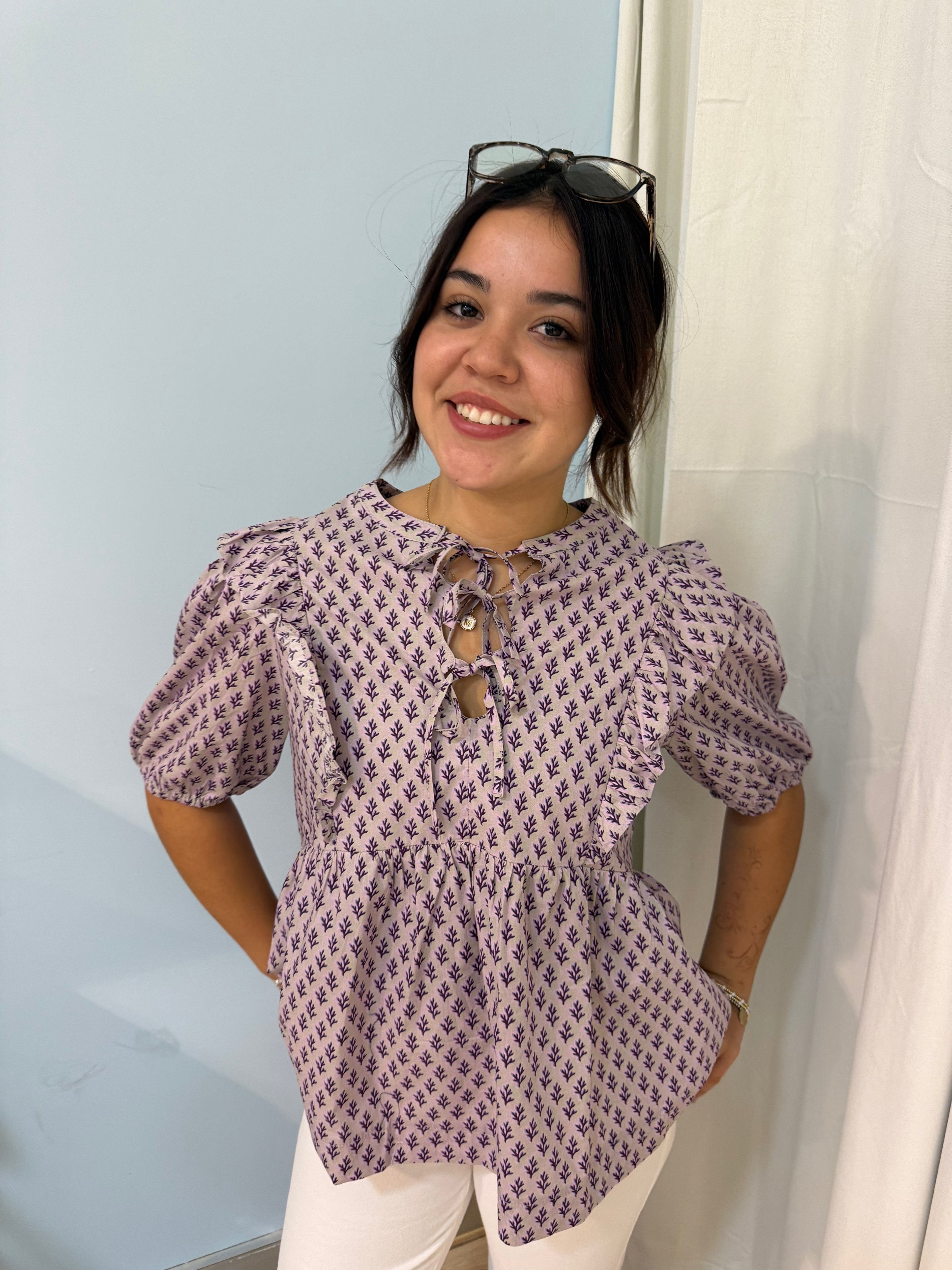 100% cotton ribbon detail top