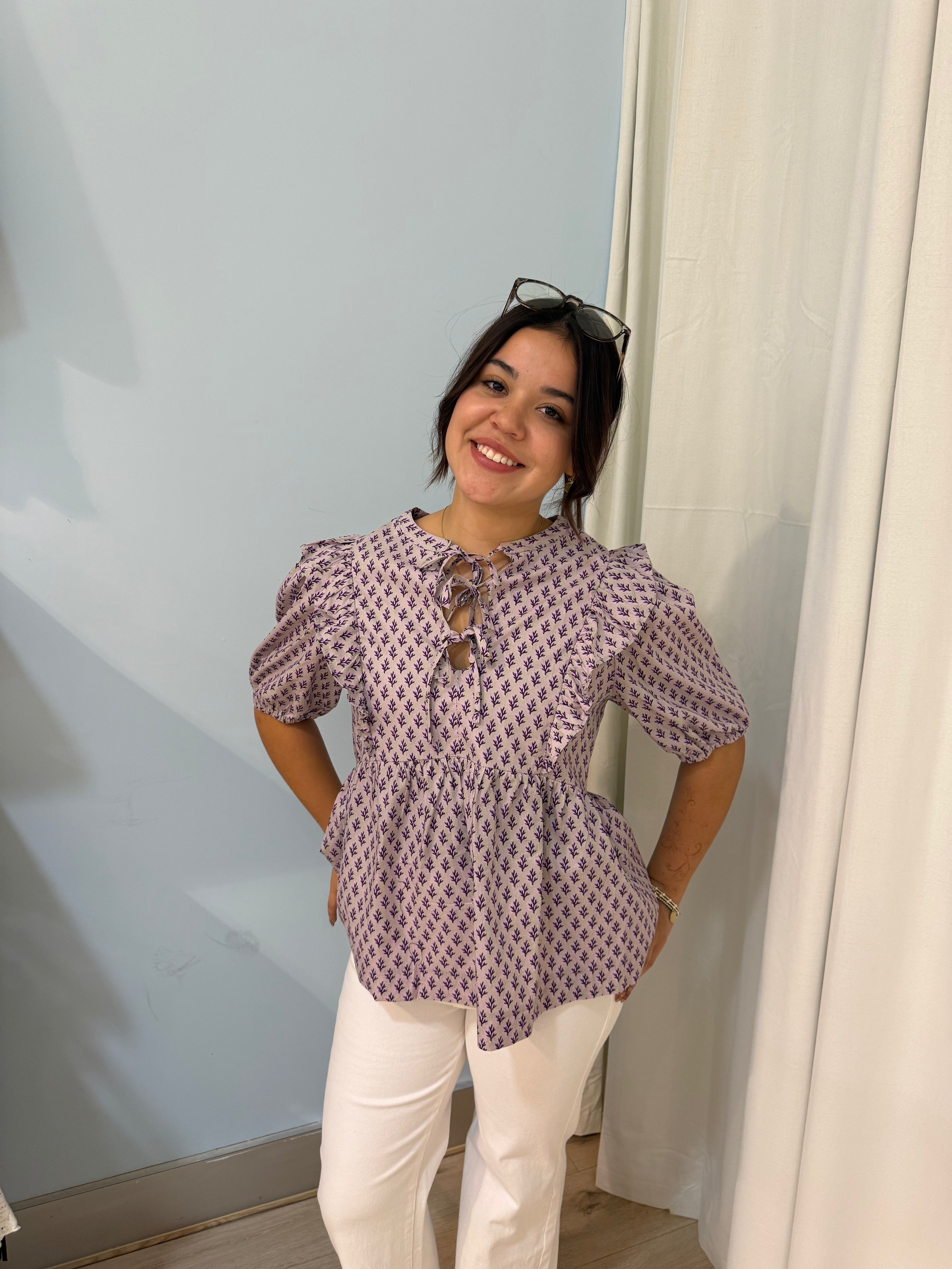 100% cotton ribbon detail top