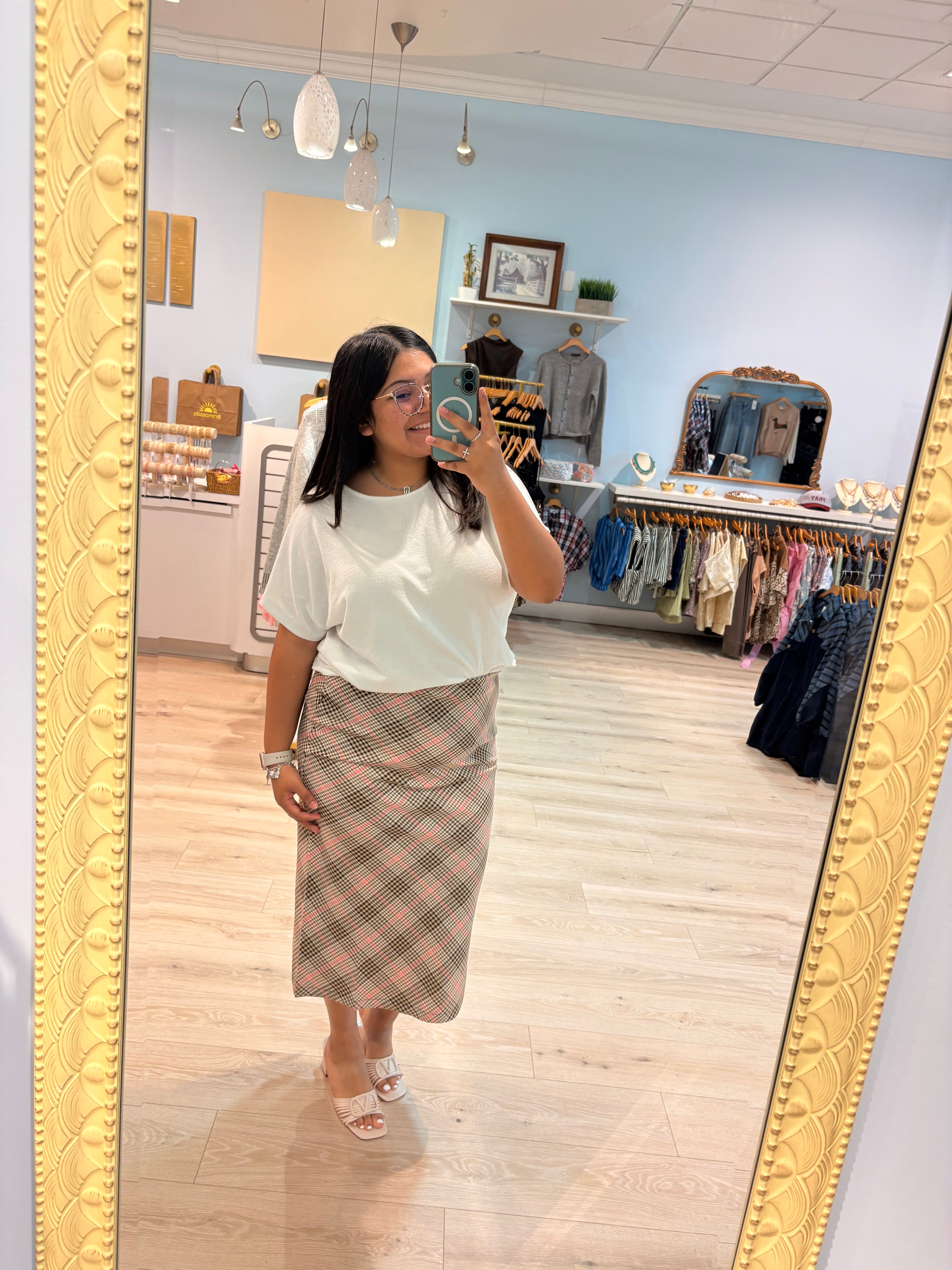 checkered midi skirt