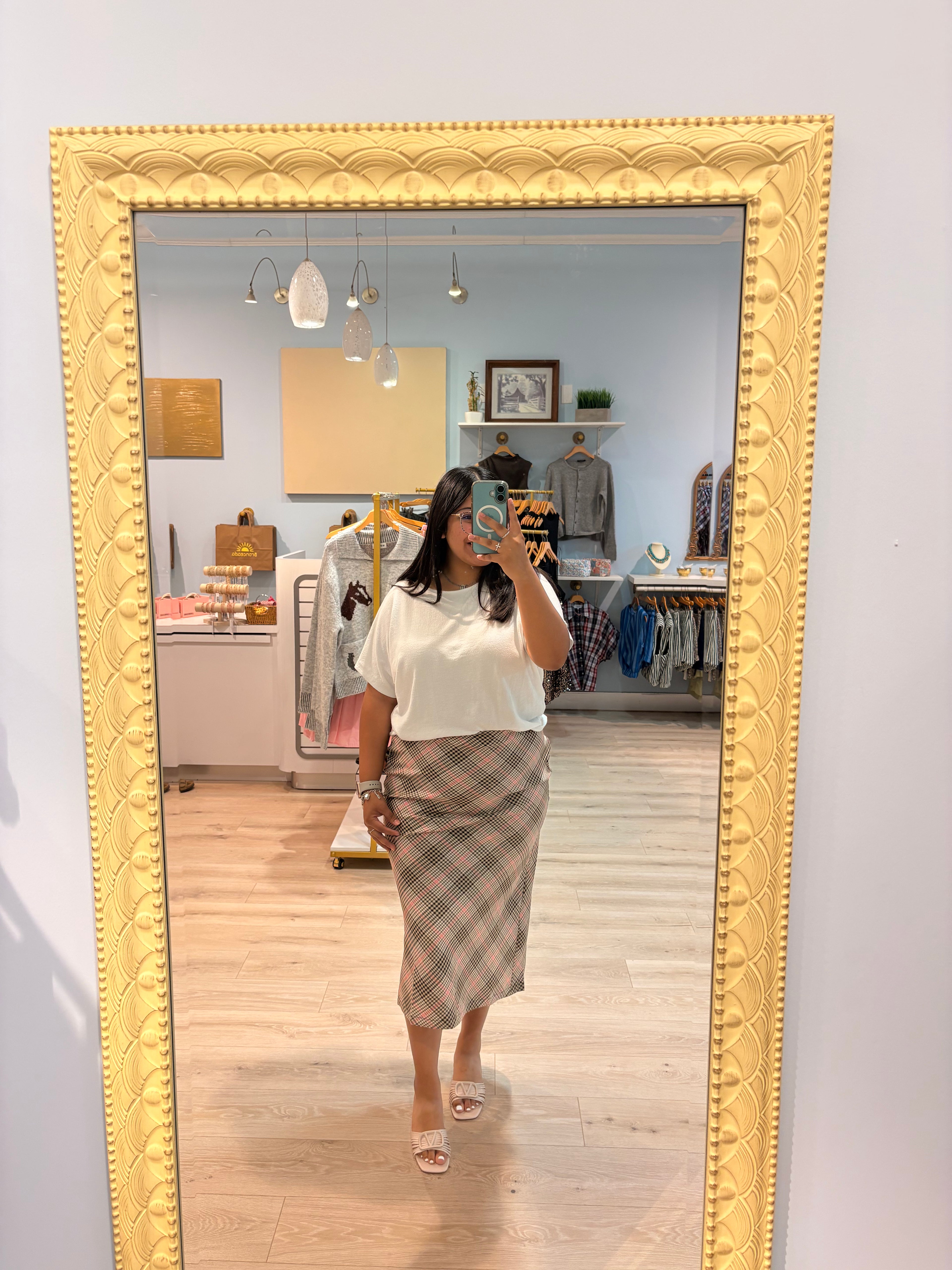 checkered midi skirt